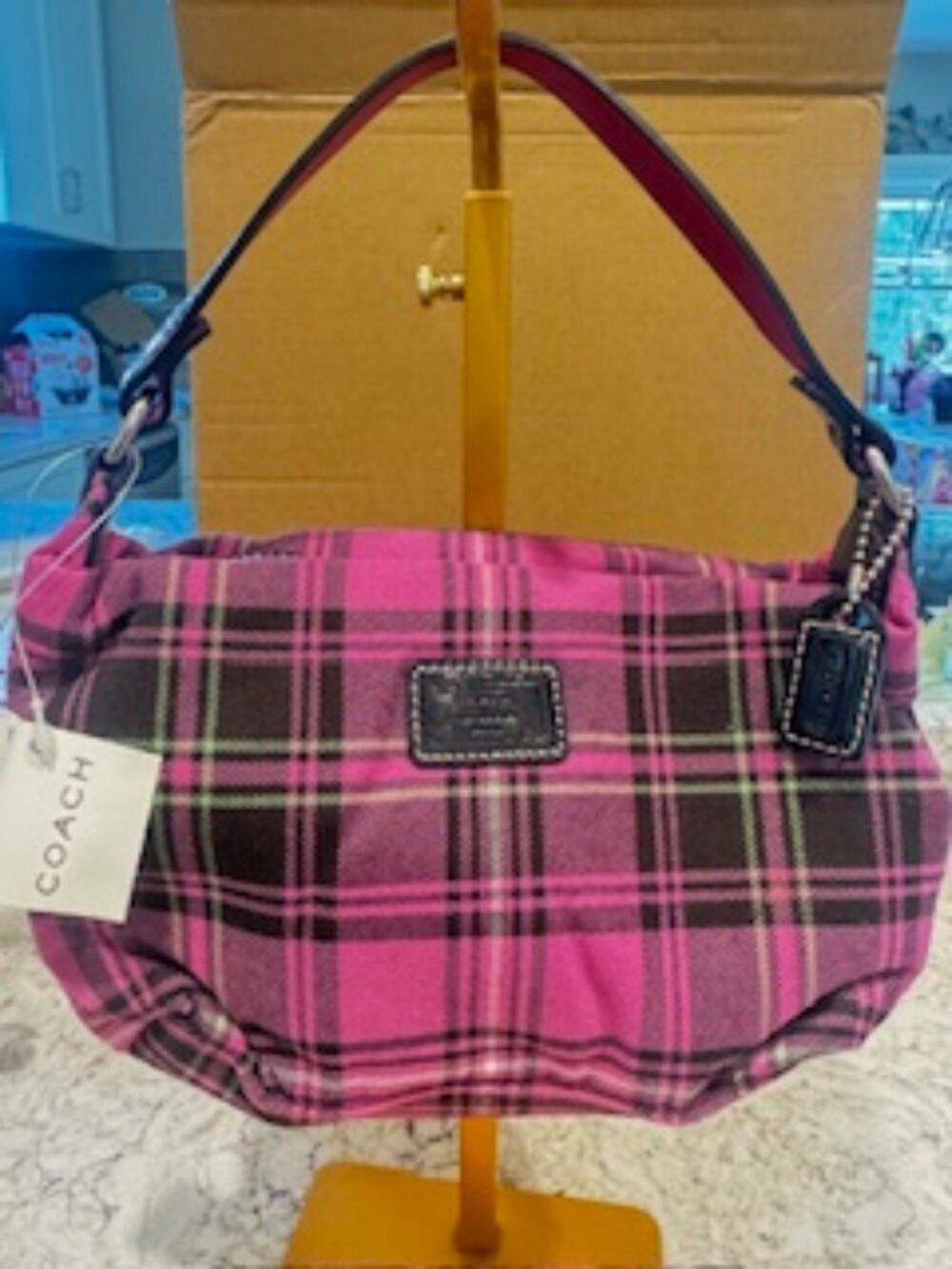Coach vintage pink plaid mini bag with Black patent leather strap
